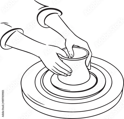 Hands forming clay on a pottery wheel, pottery making line art drawing illustration