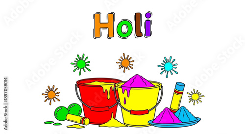 Vibrant Holi celebration illustration with colorful powder and buckets in a joyful scene