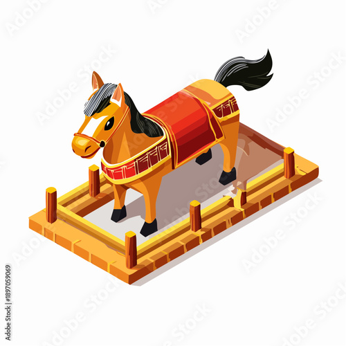 Isometric cartoon illustration of a brown horse statue with a red blanket on a golden display platform.