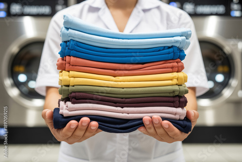 Person Holding Folded Laundry in Front of Washing Machines