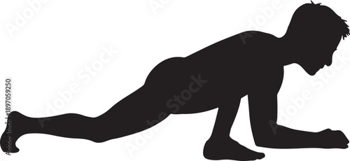 Silhouette of person in low lunge yoga pose stretch with forearms on floor on white background