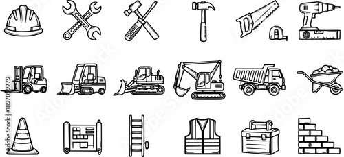 Construction Tools and Equipment Vector Icons - Black and White Line Art