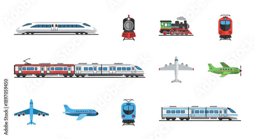 Collection of various transportation vehicles including trains and airplanes.