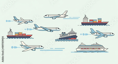 Collection of various transportation vehicles including airplanes and ships.