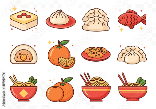 Chinese New Year Food and Dim Sum Vector Illustration Set
