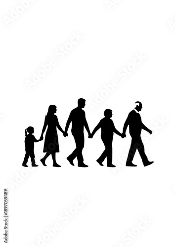 Multi Generational Family Walking Together Silhouette Holding Hands Vector Illustration
