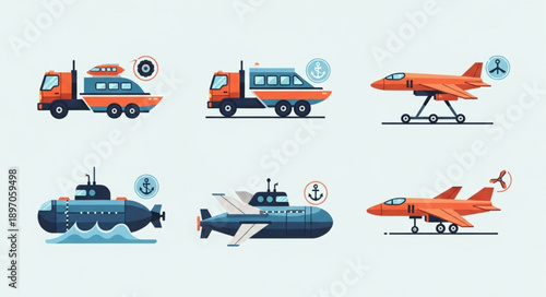 Collection of various transportation vehicles including planes submarines and trucks.