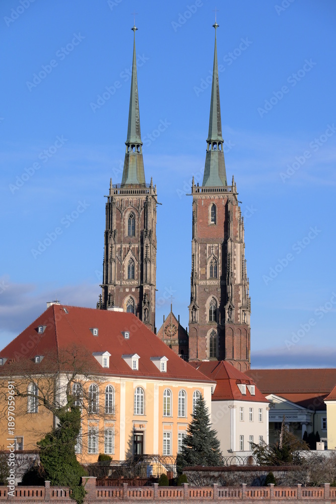 Naklejka premium Katedra św. Jana Chrzciciela, XIII-wieczny kościół katolicki, Ostrów Tumski, Wrocław, Dolny Śląsk, Polska,