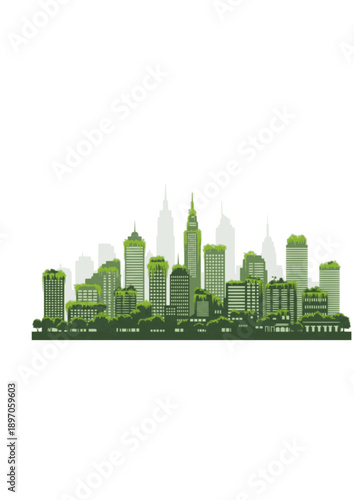 Biophilic Urban Architecture Silhouette City Skyline with Plants and Greenery Vector Illustration