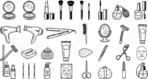 Black and White Line Art Hand-drawn Icon Set: Beauty, Personal Care, Cosmetics, and Grooming Products and Tools Collection