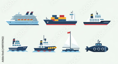 Collection of various types of ships and boats illustration.