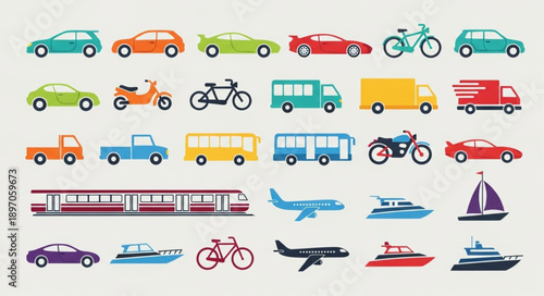 Collection of various vehicles and modes of transportation.