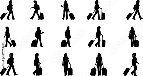 Silhouettes of Women Walking with Suitcases on a White Background Keywords: woman, women, silhouette, walking, suitcase, luggage