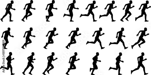 Title: Row of Male and Female Runner Silhouettes in Motion Keywords: running, runners, athletes, people, silhouettes, male, female, men