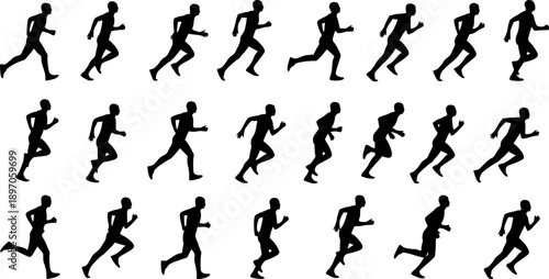 Title: Row of Male and Female Runner Silhouettes in Motion Keywords: running, runners, athletes, people, silhouettes, male, female, men