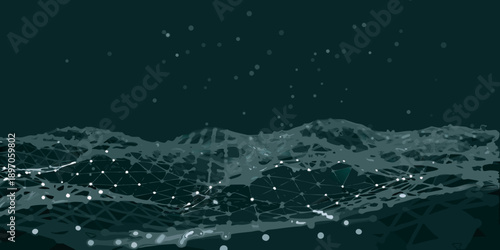 Abstract network landscape with glowing nodes over a dark mountainous terrain
