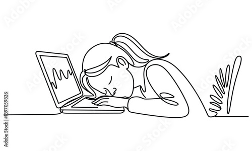 Tired woman resting her head on a laptop in a minimalist drawing style