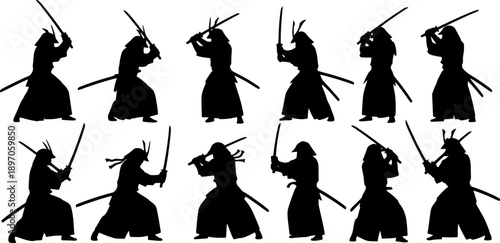 Silhouettes of samurai warriors in fighting stances with swords on a white background fighter male