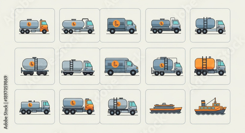Collection of various industrial transport vehicles and trucks.