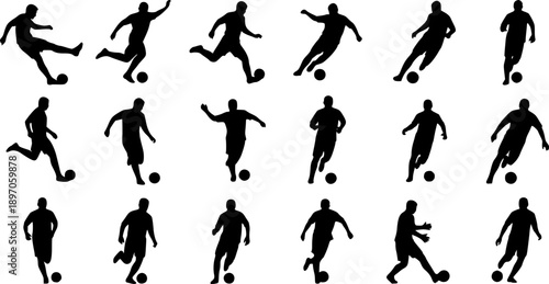 Silhouettes of soccer players in action kicking and running with a ball on white background football

