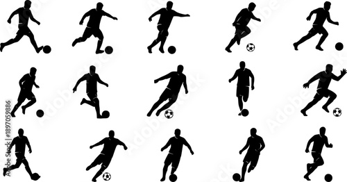 Silhouettes of soccer players in action kicking and running with a ball on white background football

