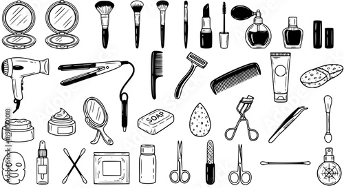 Black and White Line Art Icons of Makeup and Beauty Products - Cosmetics, Skincare, Tools