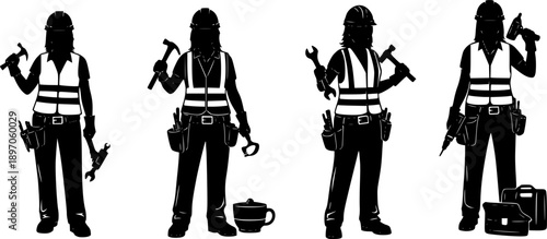 Four black silhouette female construction workers with tools and equipment woman