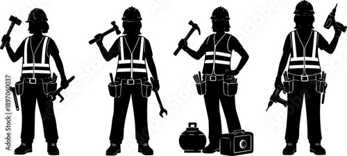Four black silhouette female construction workers with tools and equipment woman
