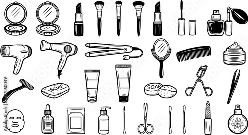 Hand-drawn Black and White Line Art Beauty and Personal Care Products  Tools Set. Cosmetics, Makeup, and Hygiene Doodle Icons Collection.