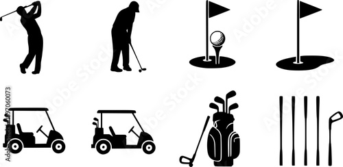 olf silhouettes, golfer swing, tee and ball, putting green flag, golf cart, club bag, course icons, sports equipment, black vector illustration