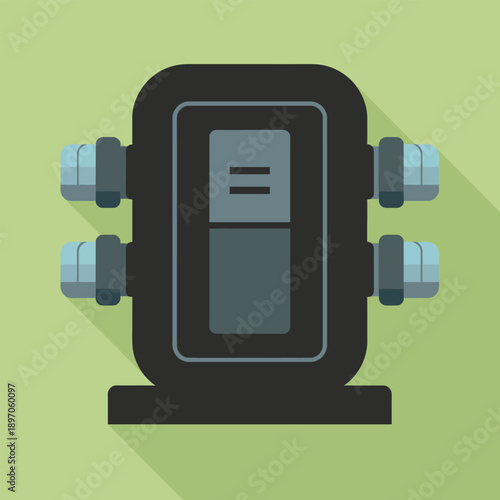 Flat design of industrial valve with bolts and rectangular body on green background icon
