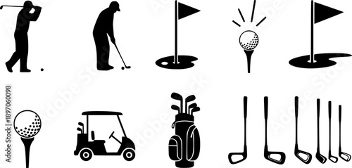 olf silhouettes, golfer swing, tee and ball, putting green flag, golf cart, club bag, course icons, sports equipment, black vector illustration