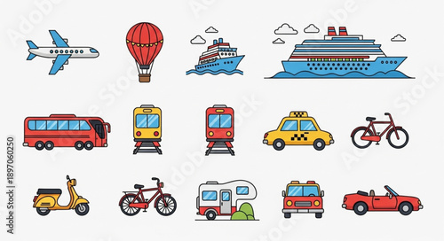 Collection of various transportation vehicles and modes of travel.