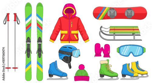 Collection of winter sports equipment including skis, snowboard, boots, goggles, and jacket on a white background from a flat lay viewpoint