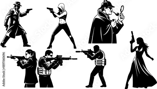 Silhouette collection of secret agent characters with guns, spy action poses, detective figures, female assassin shapes, armed man and woman illustration set vector