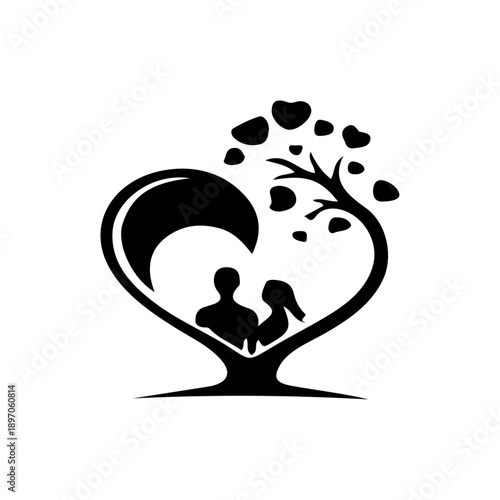 Eternal Bond: An emblem of enduring love, where a couple nestles beneath the boughs of a blossoming tree within the embrace of a heart-shaped silhouette.