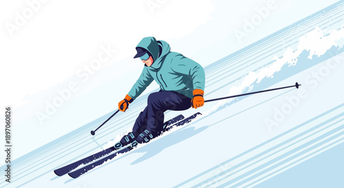 Skiing down a snowy mountain slope with skis and poles in a winter landscape from a dynamic viewpoint