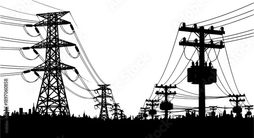 Collection of industrial electricity transmission tower and transformer silhouettes vector illustration isolated on white background