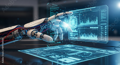 Wallpaper Mural Ultra-Realistic Robotic Hand Interacting with Holographic AI Interface in HDR Futuristic Lighting Torontodigital.ca