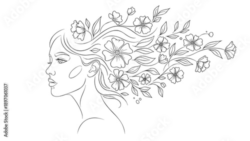 Single Line Woman Face Profile with Floral Hair – Minimalist Beauty and Nature Line Art Illustration