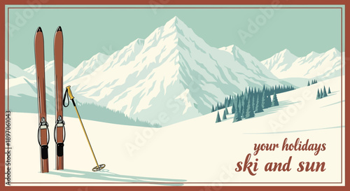 Skiing in the mountains with snow-covered peaks and trees on a sunny day from a distant viewpoint
