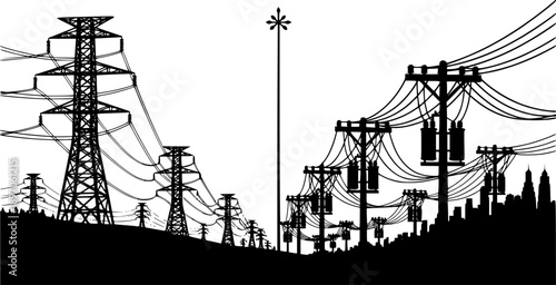 Collection of industrial electricity transmission tower and transformer silhouettes vector illustration isolated on white background