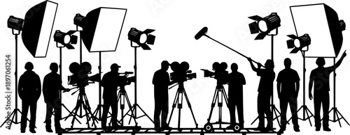 Silhouette of two photographers with studio lighting equipment in a photography session setting on white