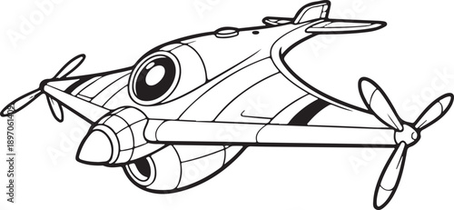 Black Outline Retro Futuristic Propeller Airplane Coloring Page Illustration