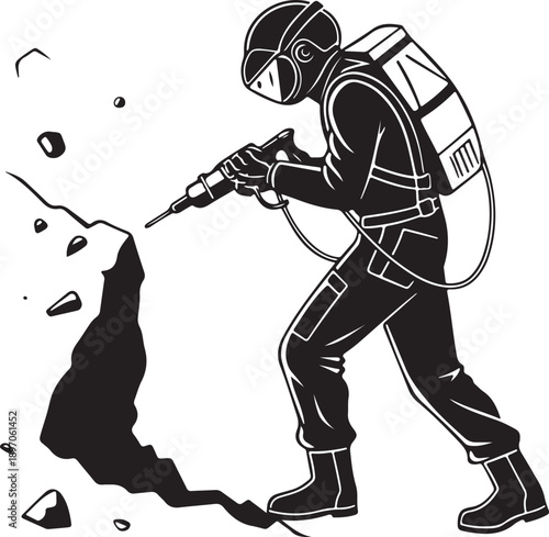 Worker in Protective Suit Drilling Rock Formation Black and White Graphic