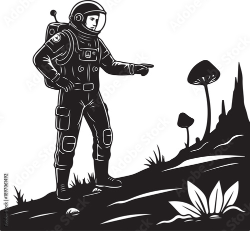 Vintage Illustration of Astronaut Pointing at Extraterrestrial Mushrooms