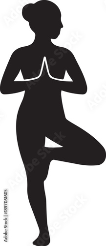 Woman Silhouette in Tree Yoga Pose with Prayer Hands on White Background