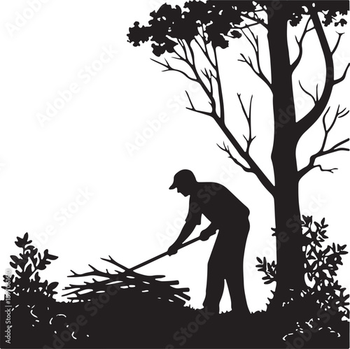 Man Raking Branches Silhouette under Tree Illustration