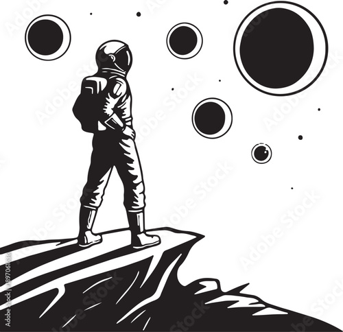 Black and White Astronaut Explorer on Rocky Peak Looking at Celestial Bodies