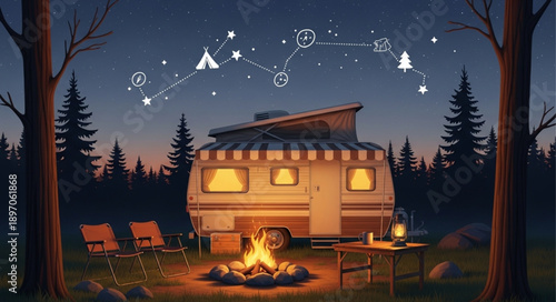 Cozy camper trailer at campsite with campfire under starry night sky.